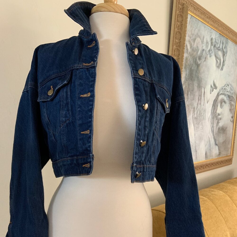 Honey Punch Cropped Dark Wash Denim Jean Jacket, Size Small (S), Classic Gold B